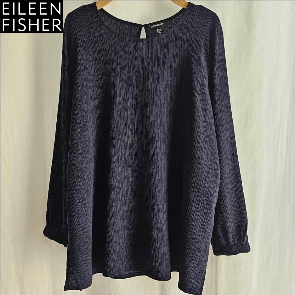 Eileen Fisher Navy Blue Crepe Crinkle Gauze Tencel Blouse